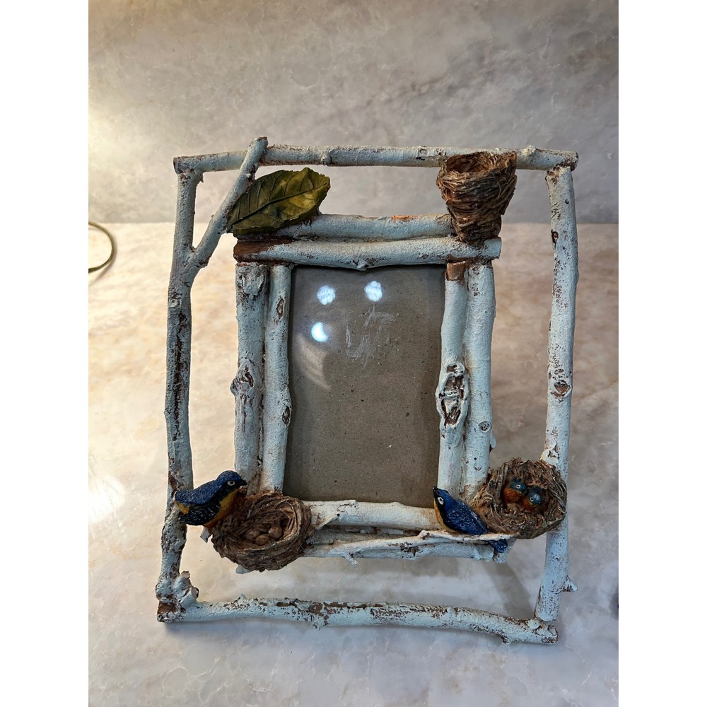 Rustic White Birch Branch Picture Frame Bluebirds Nests Woodland Decor 3.5x5